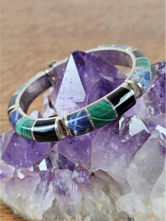 Jewelry - Vintage Taxco Mexico 950 Silver Malachite Sodalite Onyx Inlay Bracelet 70g 7"